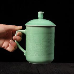 青瓷大号茶杯带盖陶瓷水杯大容量办公会议杯子酒店家用泡茶杯送礼