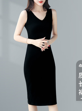黑色吊带连衣裙女打底2021年新款春F夏长裙V领背心裙内搭早秋裙子