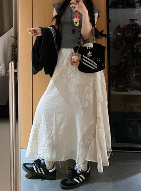 大码女胖mm显g瘦遮肚白色蛋糕伯克利长裙夏季蕾丝不规则a字半身裙