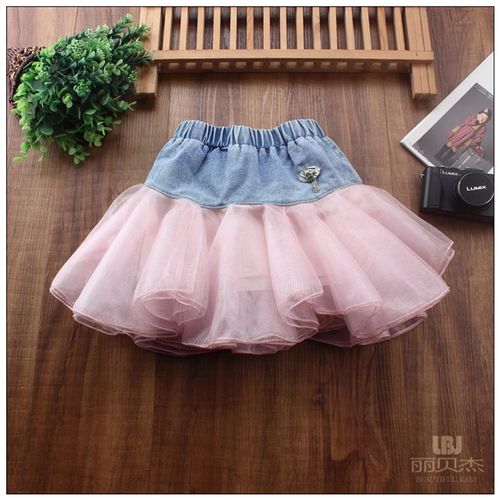 牛仔网纱拼接百搭短裙大小女童半身裙宝宝表演Q公主女孩蓬蓬跳舞