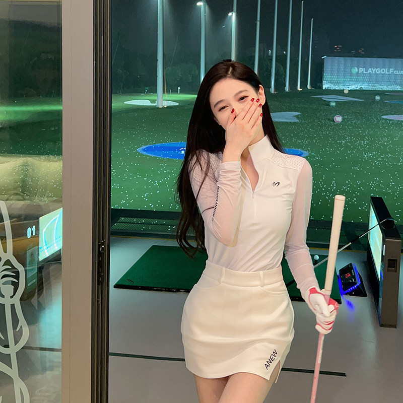 春季新款高d尔夫女装 白色长袖T恤立领上衣运动防走光半身短裙套