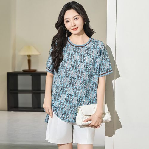 加肥加大码女装夏装l胖妹妹时髦洋气雪纺上衣胖mm宽松显瘦短袖T恤