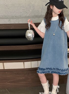 女童牛仔连衣裙夏装套装2r025新款韩版洋气儿童短袖背心裙两件套