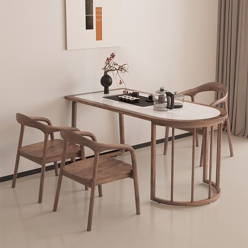 新中式实木阳台茶桌椅组合小户型岩D板茶台办公室靠墙泡茶桌嵌入