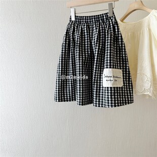 2025春季新品女童黑白格森系复古裙子长裙M F格子拼布字母半身裙