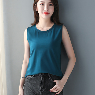T恤衫 纯色宽带砍肩打底无袖 新款 蓝色纯棉宽松吊带背心女r内搭夏季