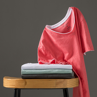 拼接假两件短袖 夏季 潮流百C搭纯棉V领打底衫 竹节棉T恤男宽松 薄款