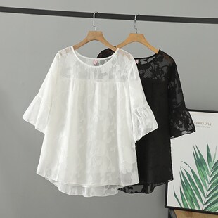 法式 胖mm夏装 T恤网纱提花五分Q袖 娃娃衫 上衣 2024大码 女中袖 女装
