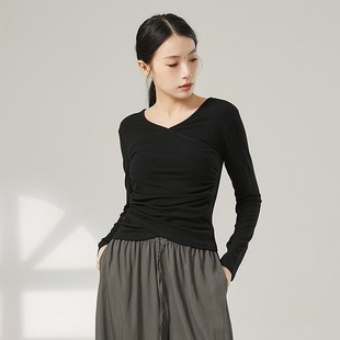 现代舞开叉V领长袖 捏褶t恤女设计感上G衣古典中国舞形体艺考舞蹈