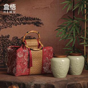 高档双陶瓷罐茶叶包装空礼盒野生红茶岩茶密封罐复古刺绣布袋