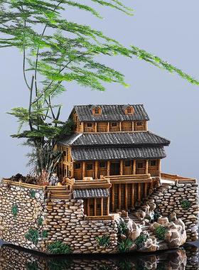 复古建筑办公室摆件中式微景观造景创意办公桌装饰笔筒老房子微缩