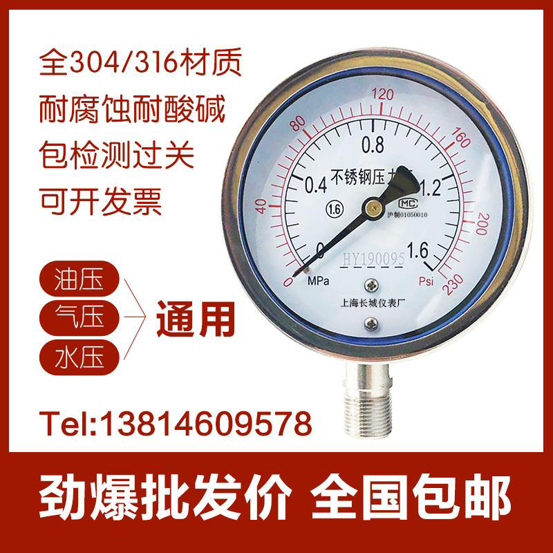不锈钢压力表 Y100BF 不锈钢耐震 高温 氨用P 上海仪民 长城 东亚