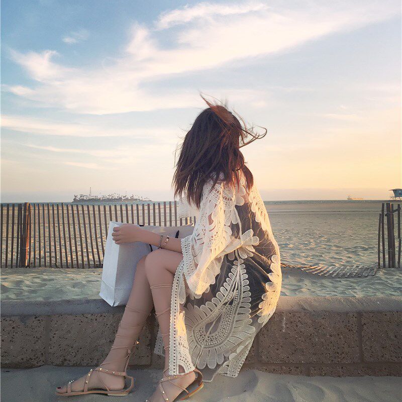 海边防晒衣沙滩开衫泳衣披肩罩衫温泉网纱外套罩衣女外搭 中长款