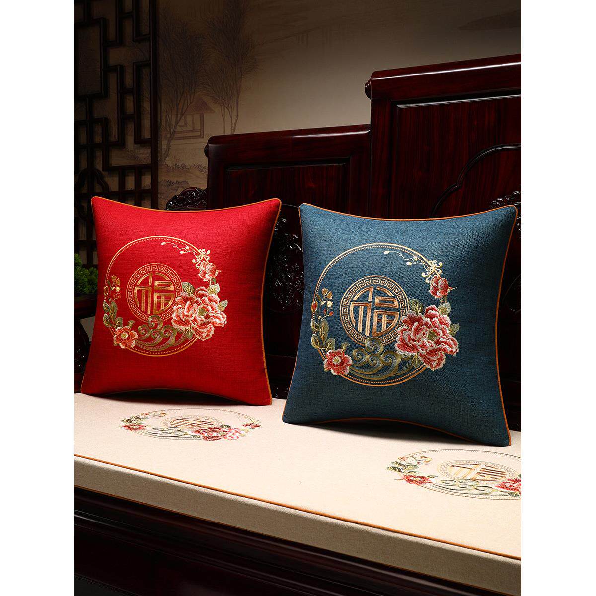 中式沙发靠垫客厅护腰枕床头大号靠背垫靠背枕中国风抱枕套不含芯