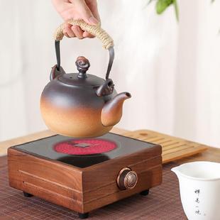 粗陶提梁大号复古平底陶泥 陶瓷烧水壶胡桃木电陶炉家用煮茶器中式