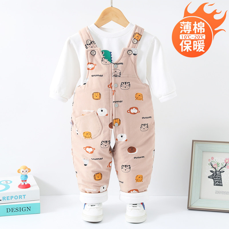 婴儿背带裤秋冬夹棉保暖一岁婴幼儿薄棉裤子开裆裤男宝宝背带棉裤