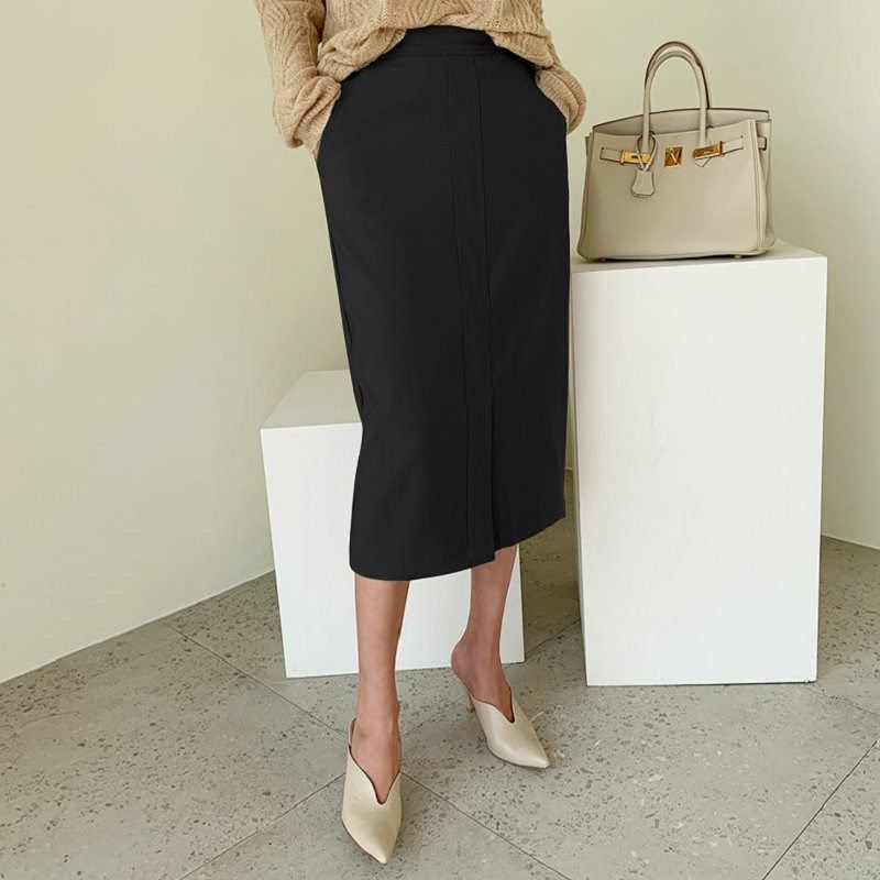 春夏西装面料黑色前开叉直筒宽松一步裙中长款半身裙女包臀裙高腰