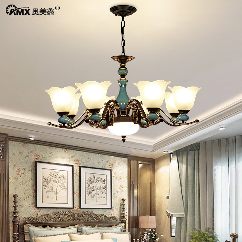 美式田园陶瓷客厅吊灯主卧室餐厅大厅店面8头6头复古黑色田园灯具