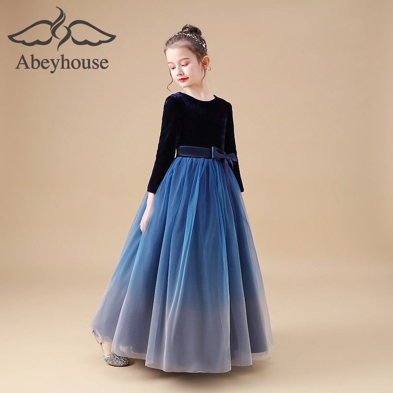 艾贝优女童长款晚礼服钢琴演出服儿童合唱团主持公主裙蓬蓬纱长袖
