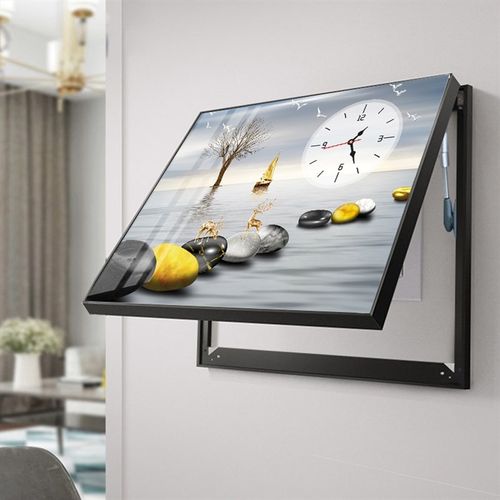 餐厅电表箱装饰画带钟表免打孔遮挡箱时钟配电箱挂画晶瓷画挂钟大
