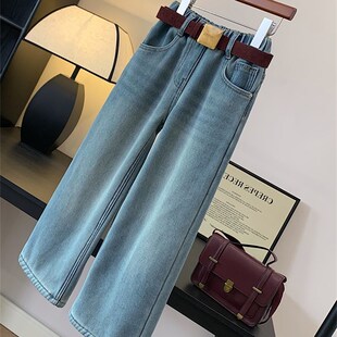 女童直筒喇叭加绒牛仔裤冬中大童装一体绒休闲长裤阔腿裤百搭宽松