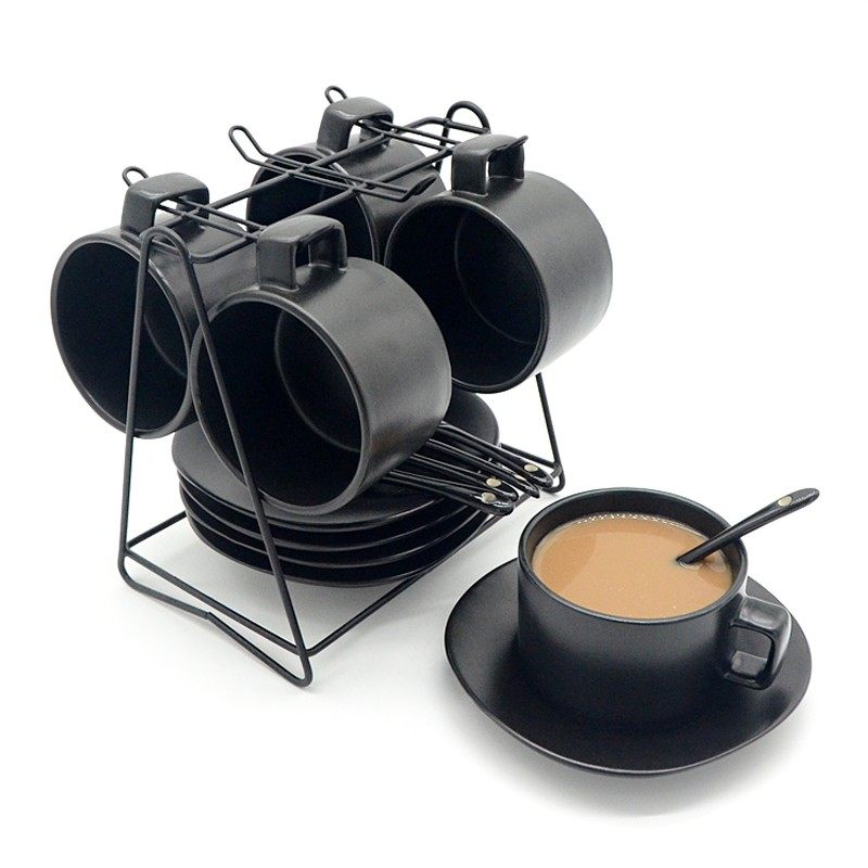 咖啡杯套装欧式家用咖啡杯子简约黑色哑光陶瓷咖啡杯碟勺子带杯架