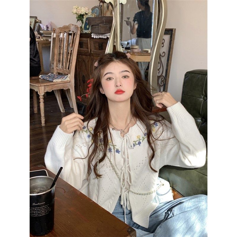 范雯雯 芋泥奶茶 紫色系带针织开衫女春季甜美麻花短款外搭外套