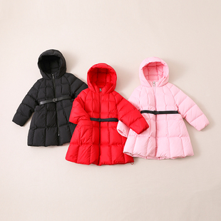 康衣儿女童羽绒服中长版加厚2023冬季新款修身中大童装外套送腰带