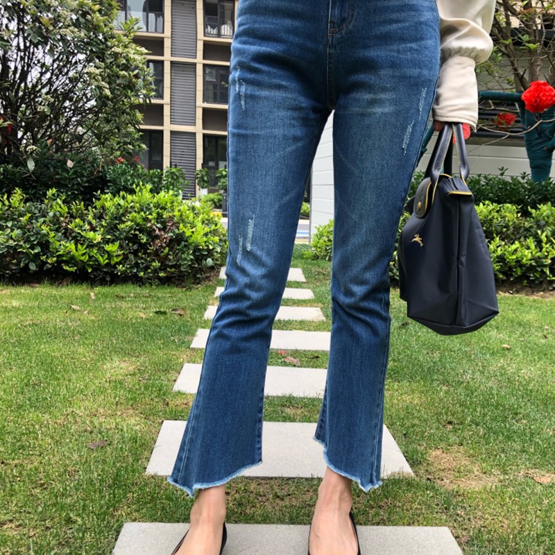 高腰修身半松紧腰九分牛仔显瘦拼接脚口流苏软面料秋夏款喇叭裤女