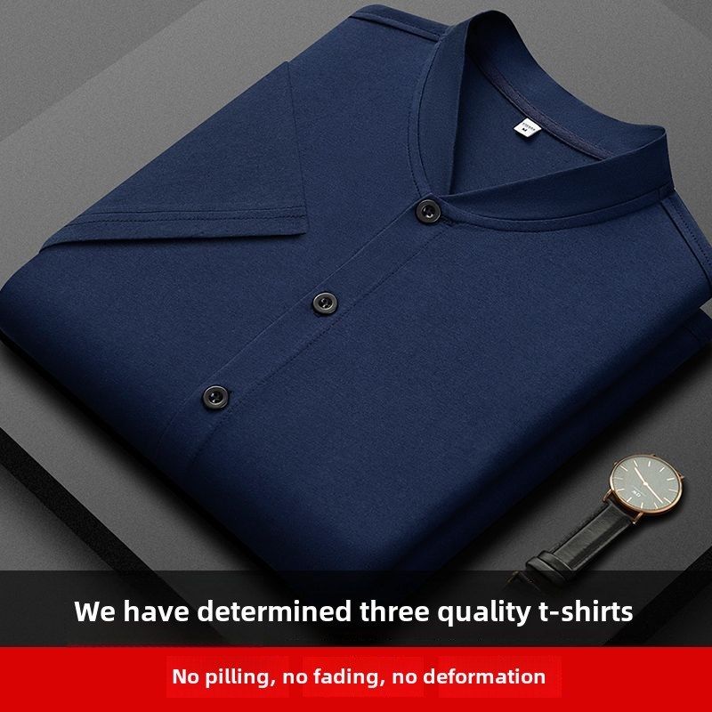 申本夏季新款中老年人纯棉汗衫短袖T恤开衫百搭爸爸商务对襟上衣