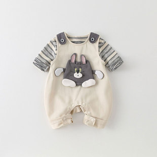 一岁宝宝秋装男宝套装痞帅风婴儿连体衣无袖背带裤春秋分体两件套