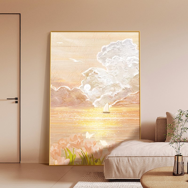 海景日出客厅装饰挂画奶油风肌理玄关大幅摆画沙发背景墙落地壁画