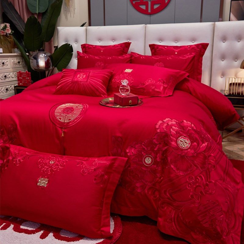 中式高档花卉全棉婚庆四件套喜字刺绣款纯棉被套床单结婚红色床品
