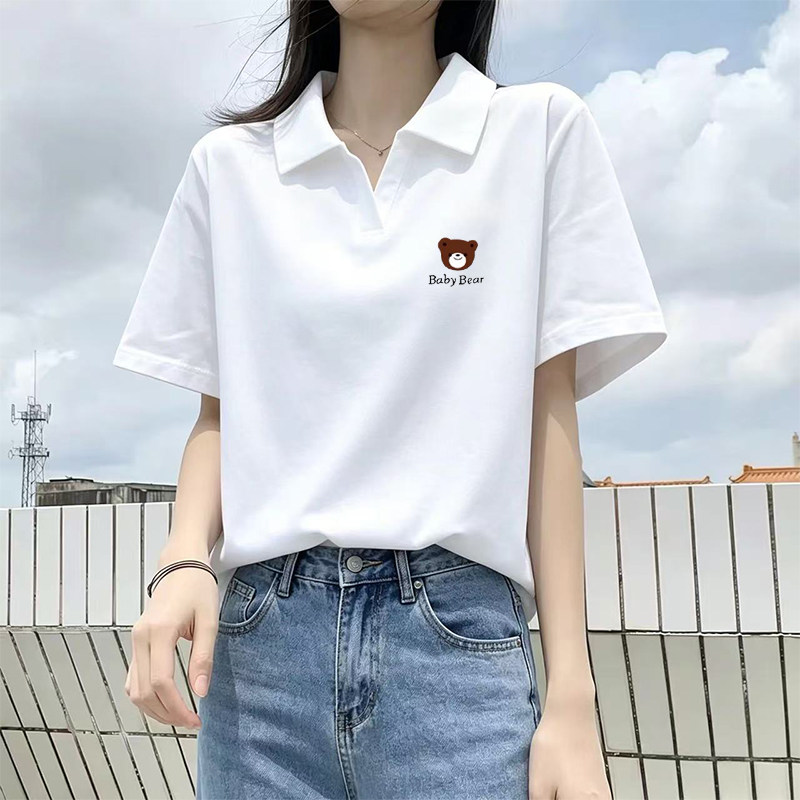 polo领短袖t恤女夏季新款小众设计感印花宽松大码体恤百搭上衣ins