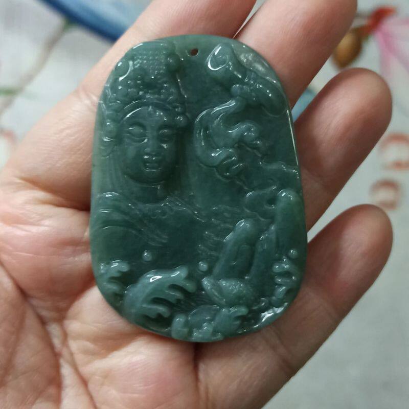 197危料天然翡翠吊坠山水观音牌子飘花蓝水卡53X38mm左右满48包邮