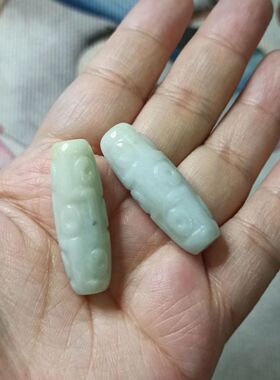 421缅甸天然翡翠油青路路通孔九眼天珠卡35X12mm左右珠子编绳材料