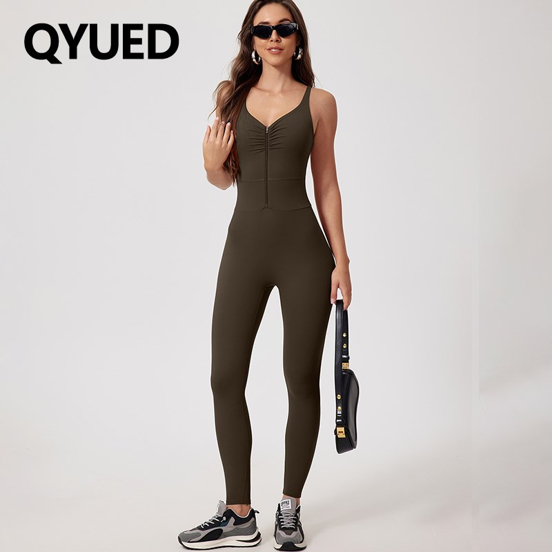 拉链磨毛瑜伽连体服女弹q力紧身户外运动一体衣速干健身背心带胸