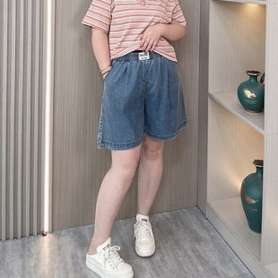 牛仔短褲 大碼 胖mm夏季 女松緊高腰顯瘦闊O腿休閑開叉薄款 女裝 五分