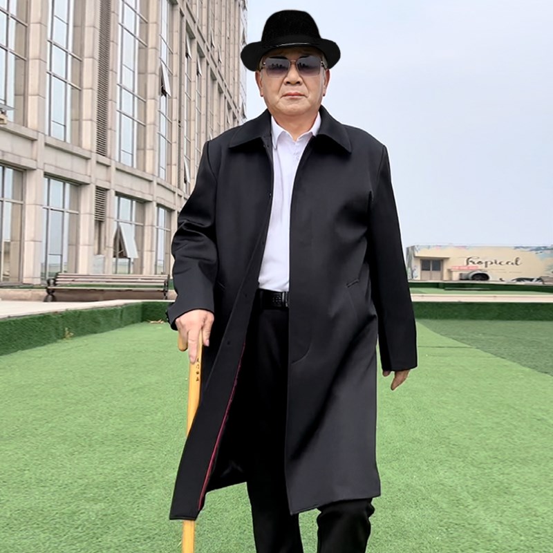 爸爸装长款风衣中老年过膝盖春秋大F衣翻领老年防风扣子爷爷薄外