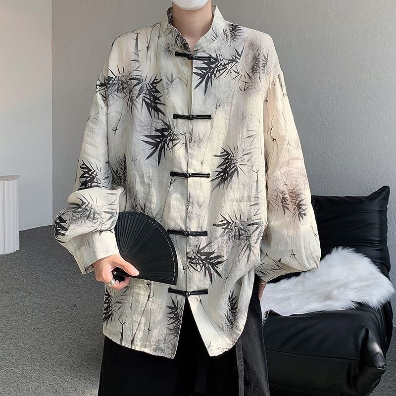 新中式盘扣立领衬衫男长袖u夏季冰丝薄款中国风唐装高级感道袍衬