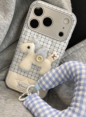 蓝白爱心格纹立体小马适用IPhone17promax手机壳新款苹果17/16情侣15/14plus全包小米17pro保护套华为Mate80