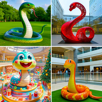 玻璃钢卡通蛇雕塑定制3D打印抽象打卡地仿真生肖吉祥物不锈钢摆件