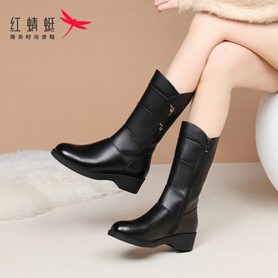 红蜻蜓女鞋妈妈靴子冬季加绒加厚保暖棉靴长筒靴真皮厚底中筒靴女