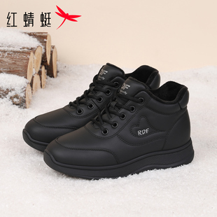全黑色高帮妈妈鞋 红蜻蜓女鞋 加绒保暖二棉鞋 冬季 子 皮面休闲运动鞋