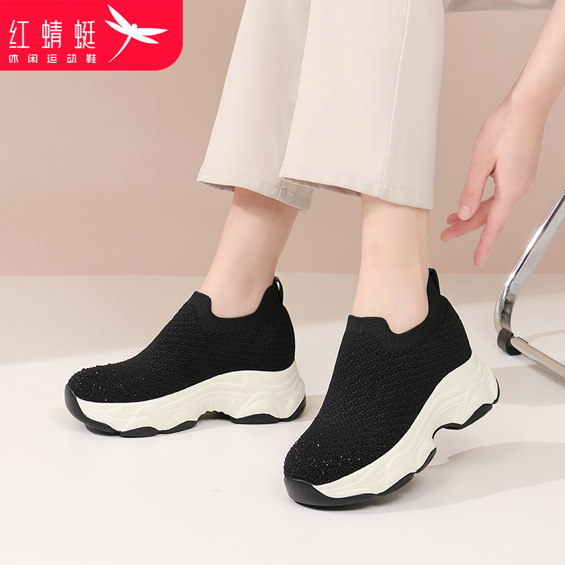 红蜻蜓女鞋飞织网面透气休闲运动鞋冬季厚底增高一脚蹬妈妈健步鞋