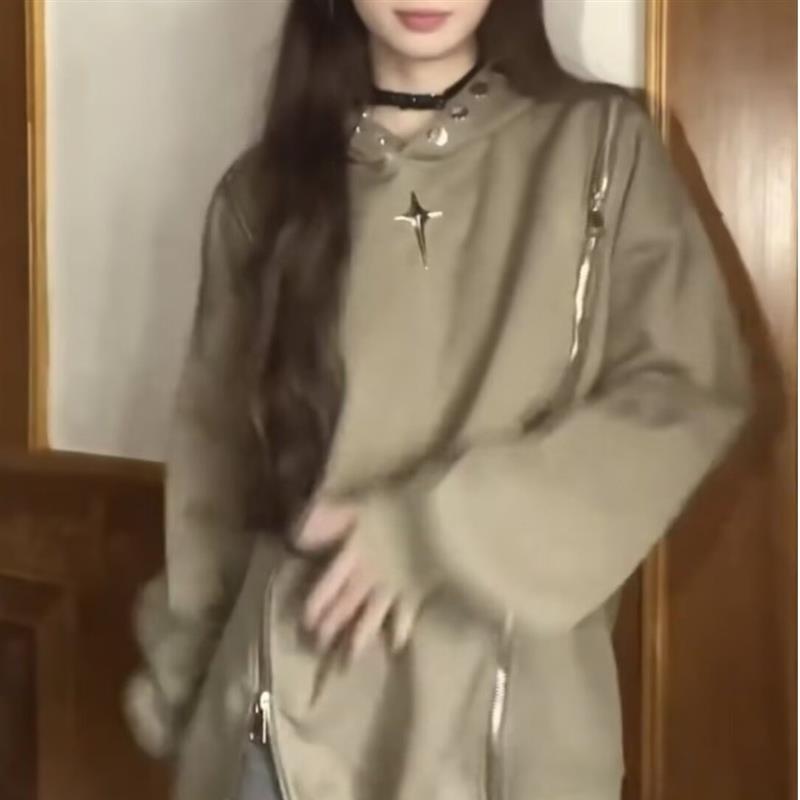 正货美式拼接拉链复古卫衣