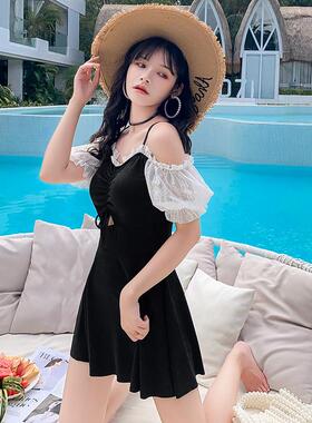 高货速发温泉泳衣女连体黑色平角裙式女款保守度假沙滩学生游泳装