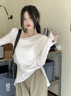 正货设计感别致辣妹白色长袖T恤女不规则短款内搭打底衫ins潮秋秋