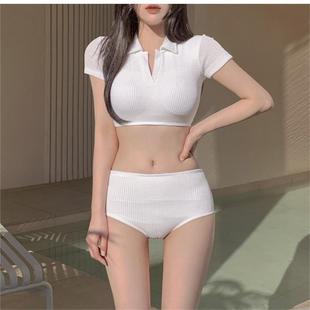 正货特价 泡温泉分体泳 ins风性感气质女神小香风保守高领翻领短袖
