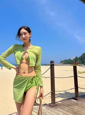 高货速发特女咖啡色灰色裙式蕾丝4件套比基尼泳装小胸带胸垫泳衣